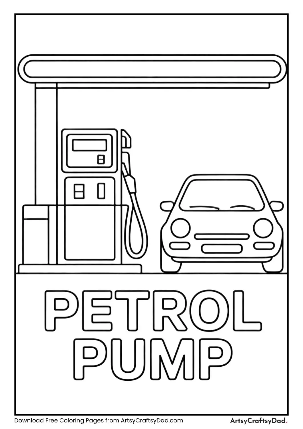 Simple petrol pump coloring page with car and label petrol pump for grade 1 kids