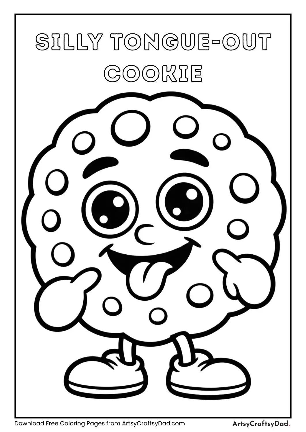 Cute cookie sticking its tongue out with big cartoon eyes, black and white coloring page.
