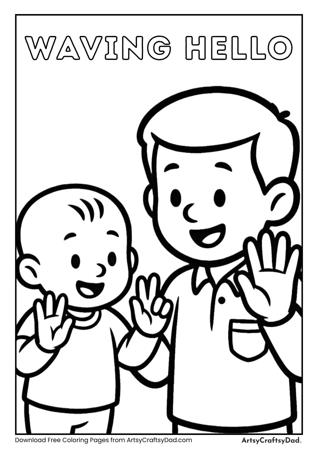 Baby teaching adult waving hello coloring page