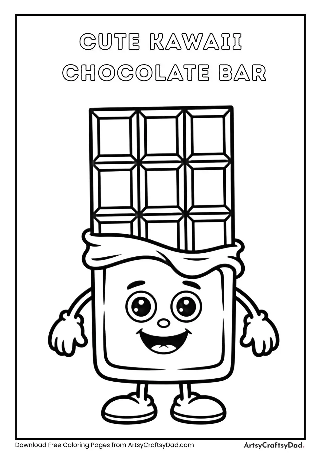 Cute kawaii chocolate bar character coloring page with smiling face