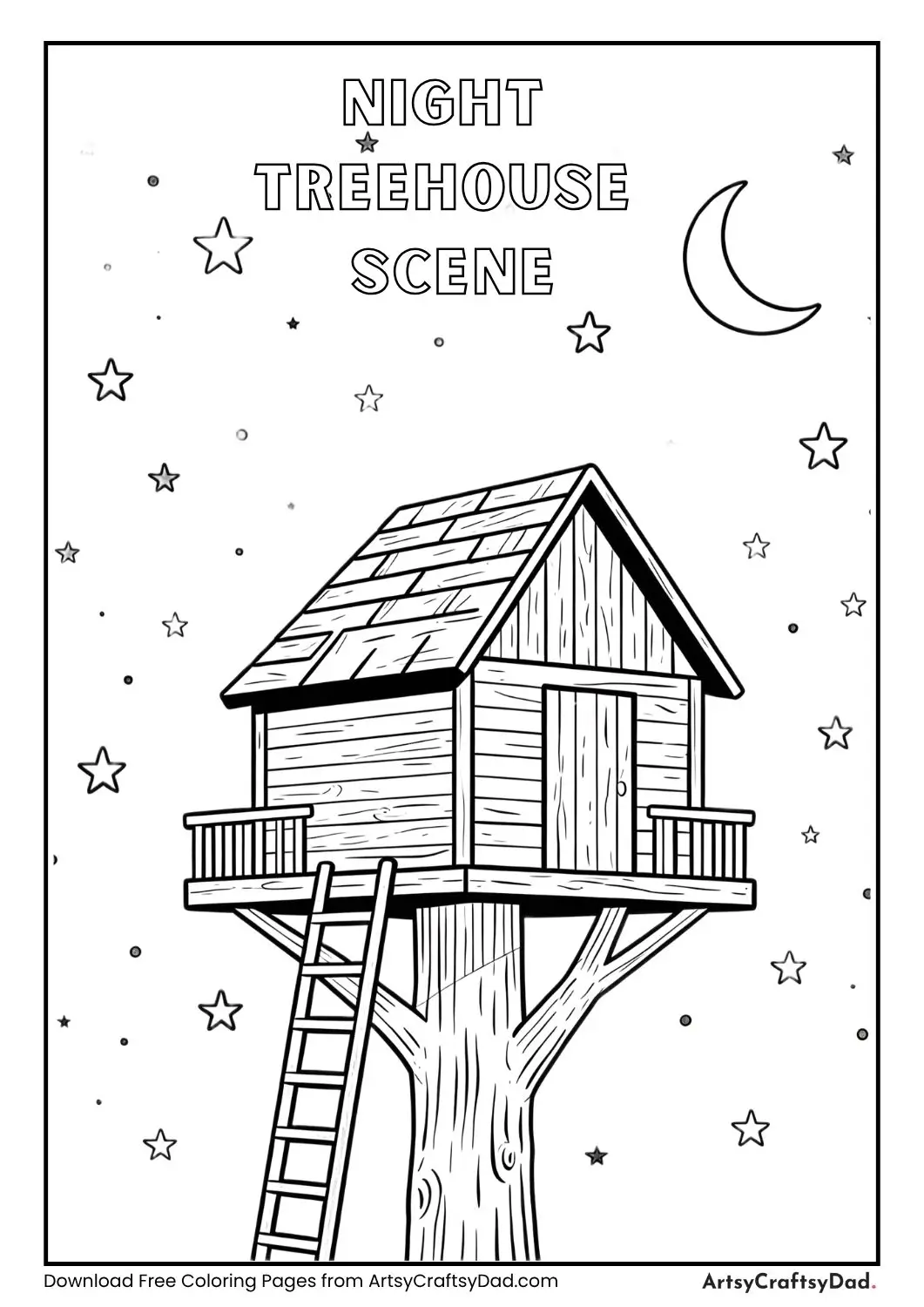 Treehouse with stars and moon coloring page
