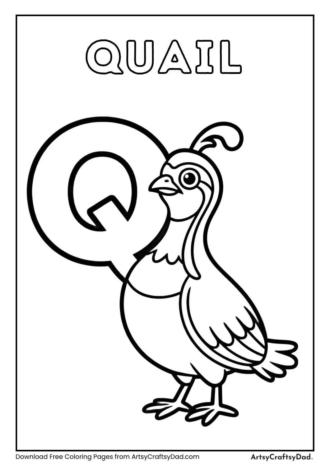 Quail standing near letter Q coloring page