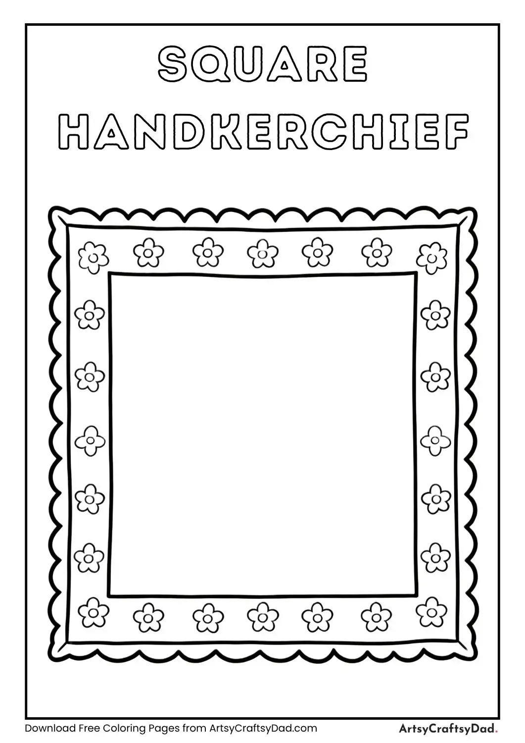 Square handkerchief with cute border patterns and small flowers coloring page