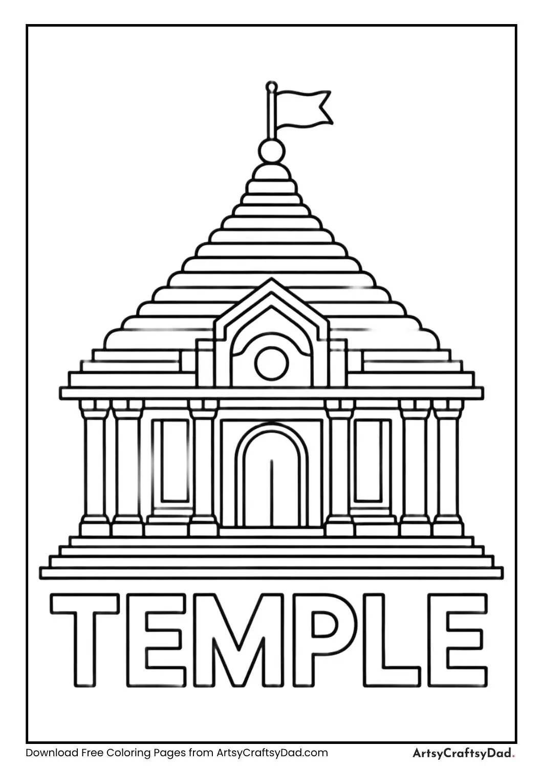 Simple temple coloring page with label temple for grade 1 children