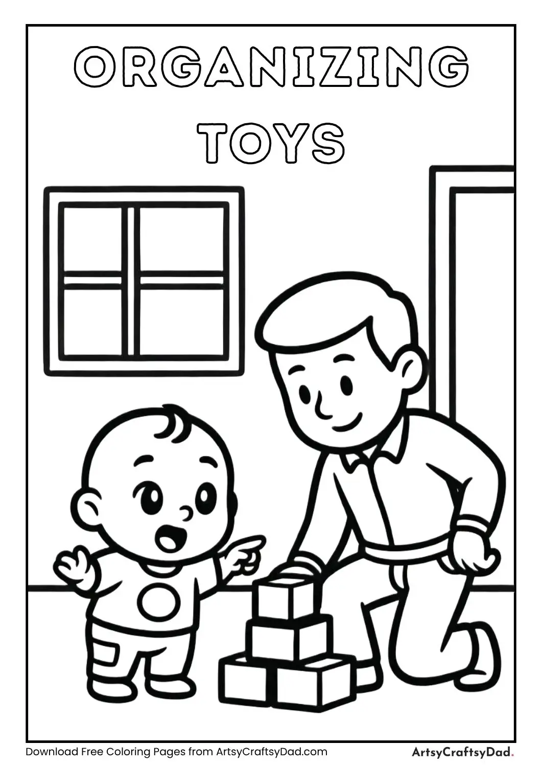 Baby teaching adult organizing toys coloring page