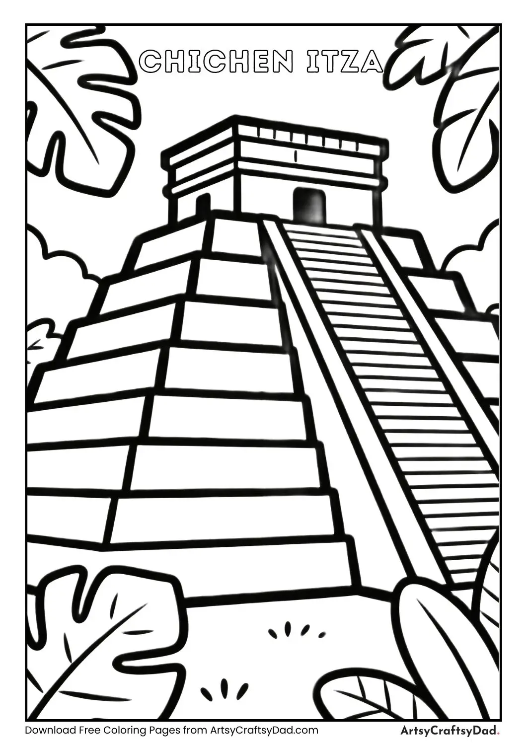 Chichen Itza pyramid with large jungle leaves coloring page