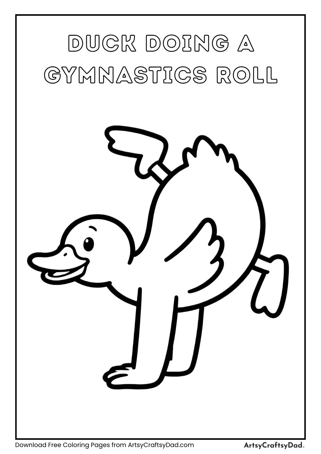 cute duck doing a forward roll gymnastics coloring page for kids