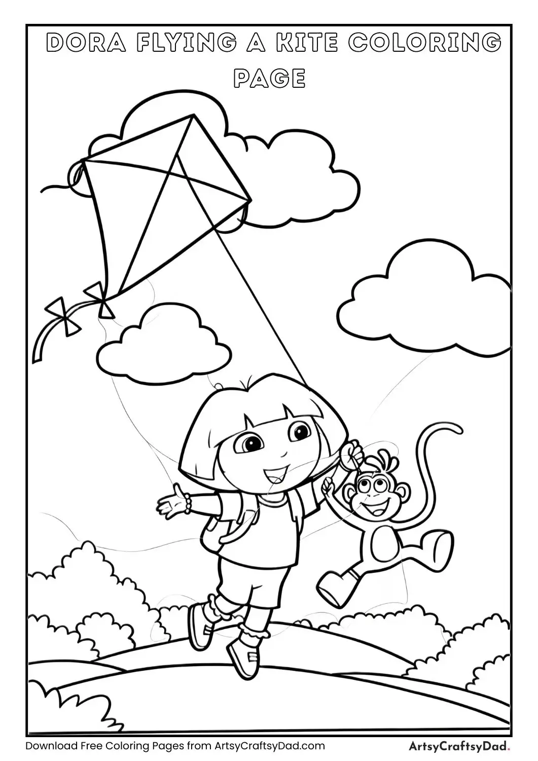 Dora flying a kite with Boots jumping coloring page