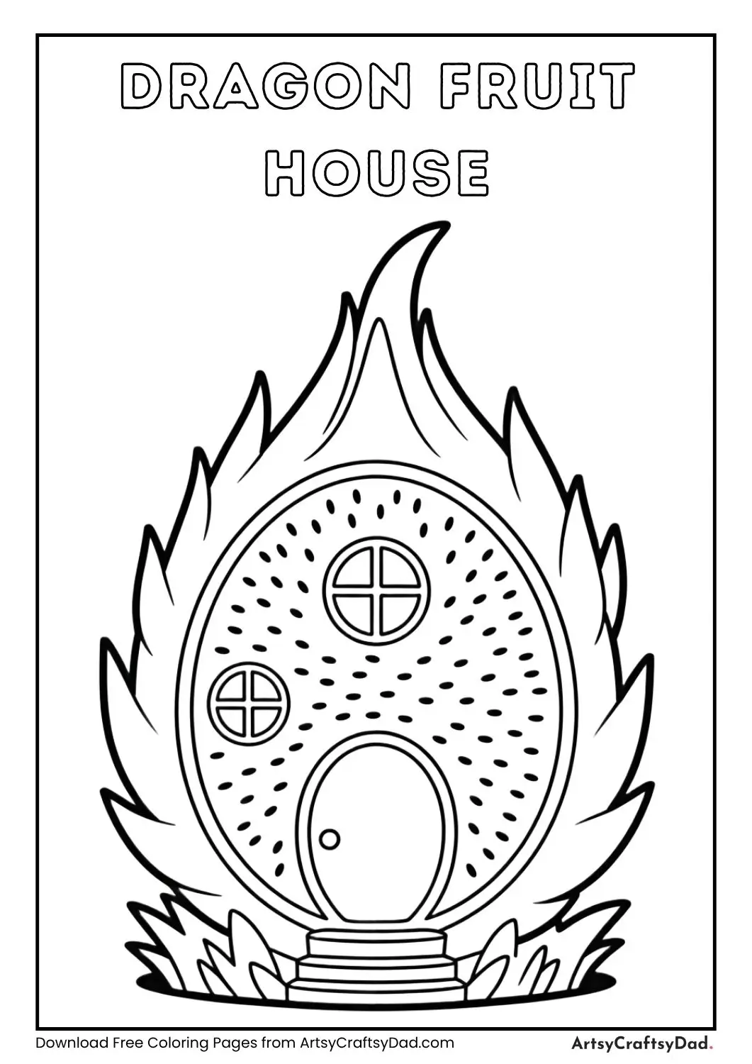 Black and white dragon fruit shaped house coloring page with simple door