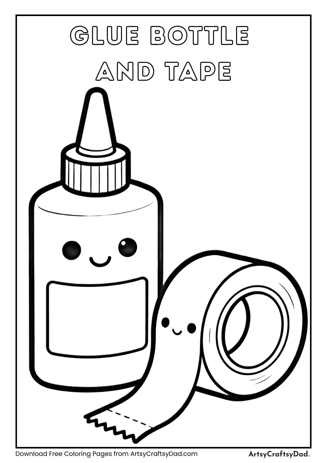 cartoon glue bottle and tape roll black and white coloring page