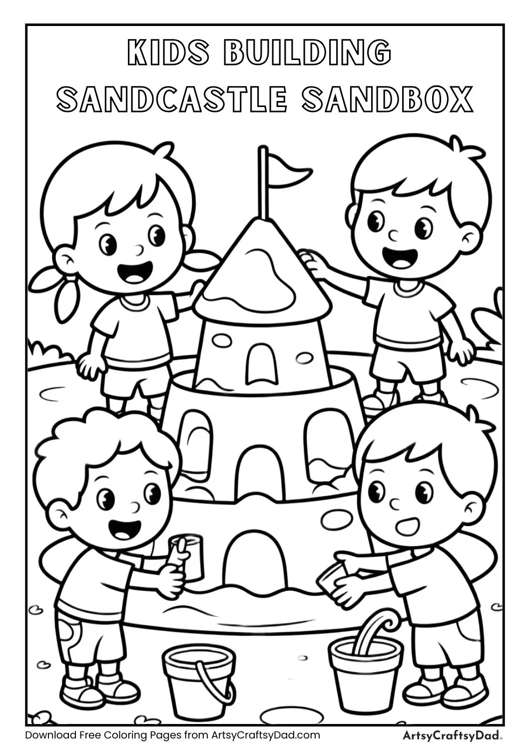 Black and white coloring page of kids building a sandcastle in sandbox