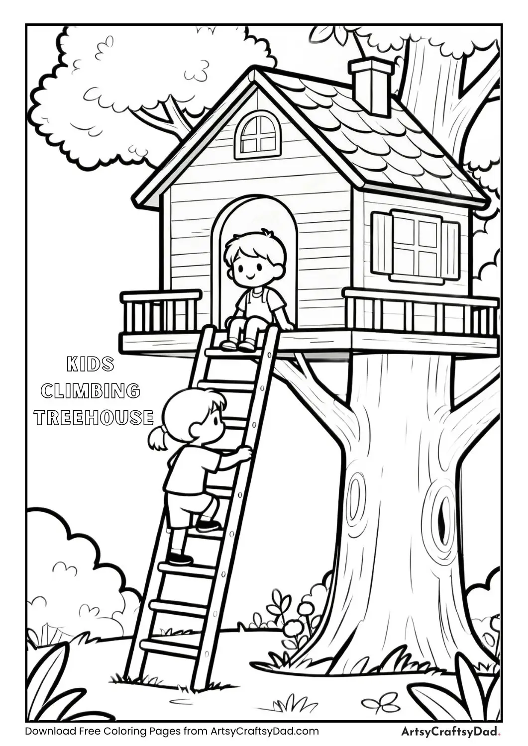 Kids climbing ladder to treehouse coloring page