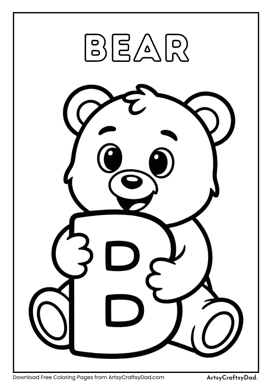 Cute bear hugging letter B coloring page