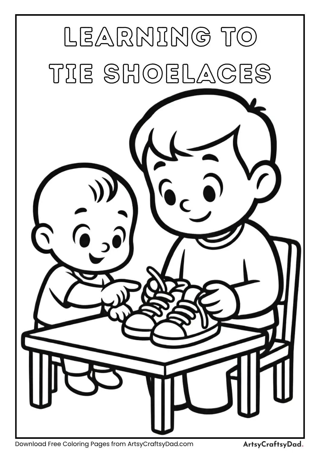 Baby showing adult how to tie shoelaces coloring page