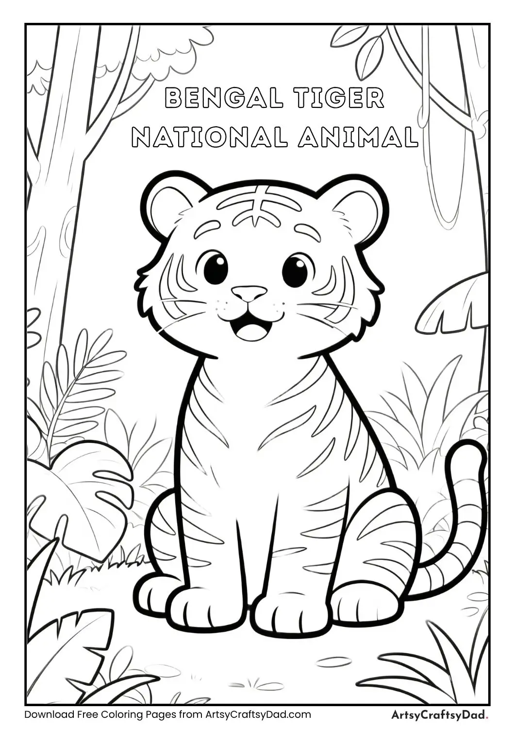 Bengal tiger black and white coloring page Indian national animal for children