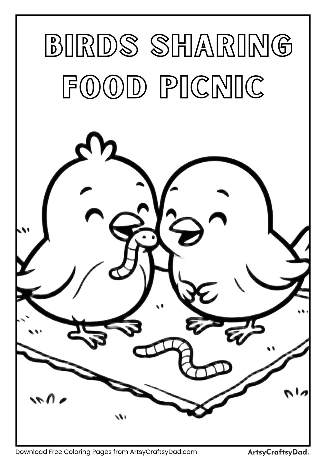 Two birds sharing worms on picnic blanket coloring page