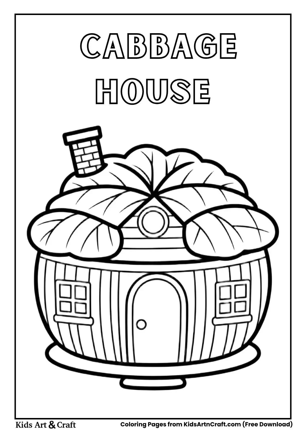 Cute cabbage shaped house black and white coloring page with simple outlines for children
