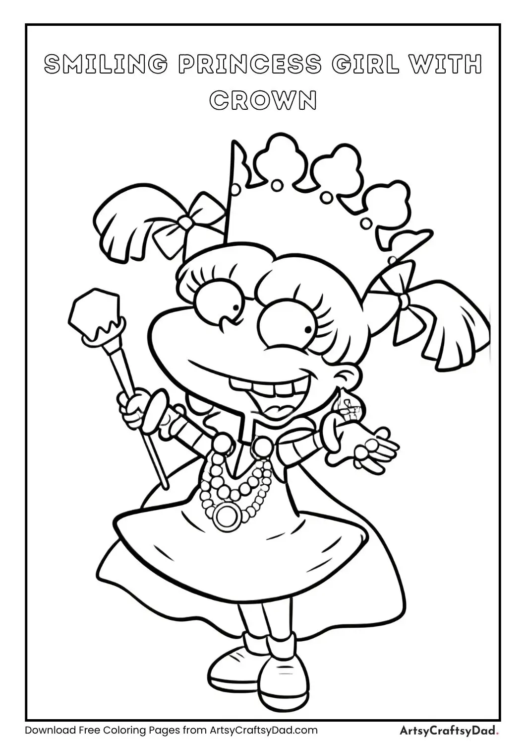 Black and white coloring page of a cartoon princess girl with pigtails, crown, cape, necklace, and scepter surrounded by stars.