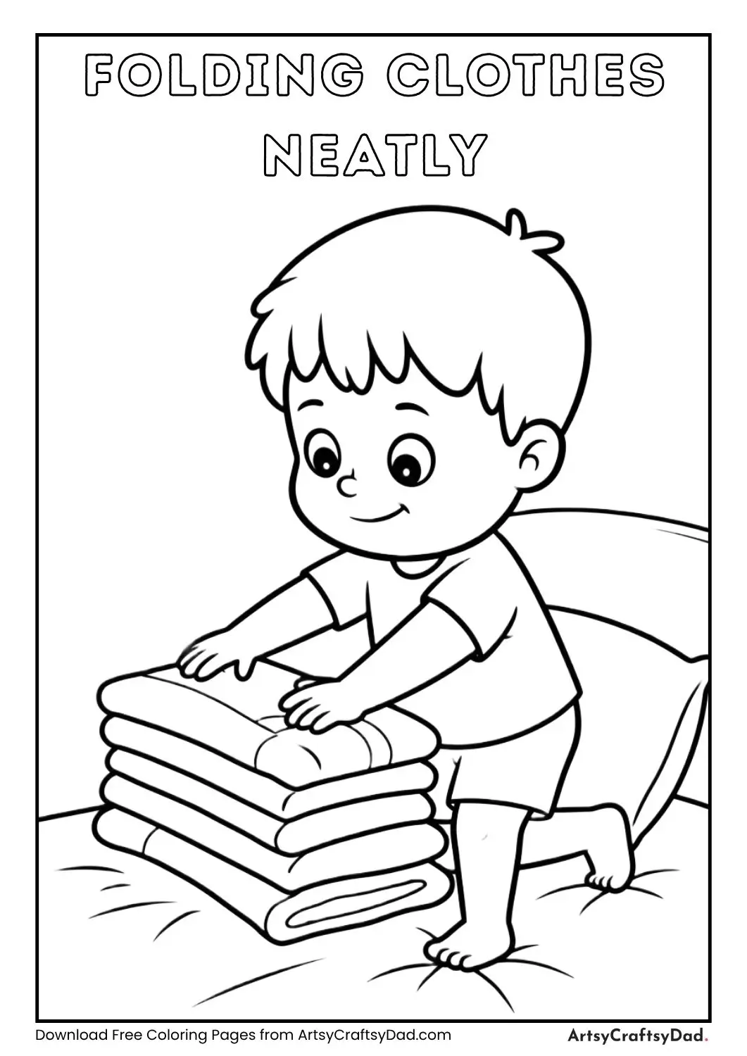 child folding clothes on bed coloring page