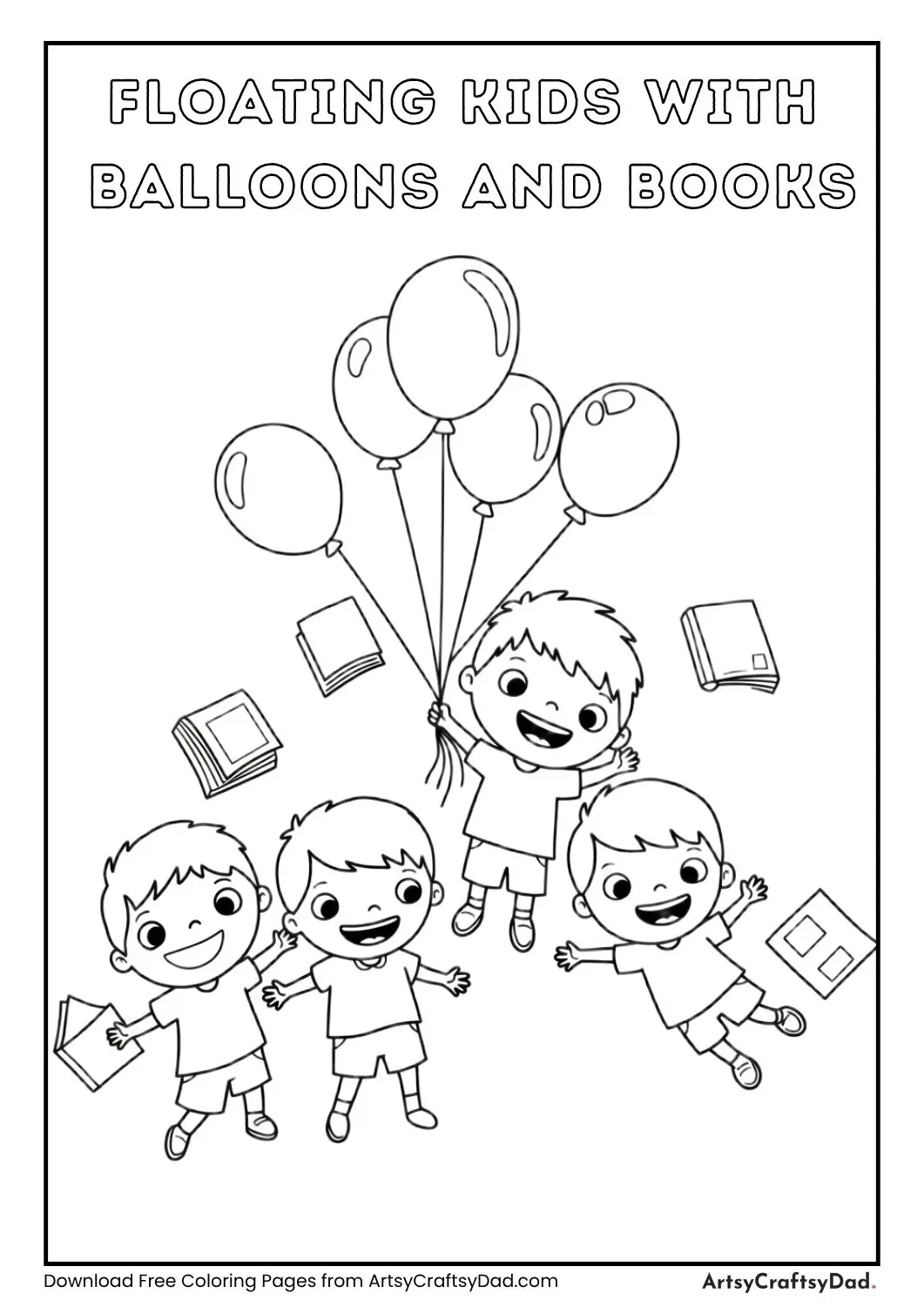 Children floating with balloons and books drifting around