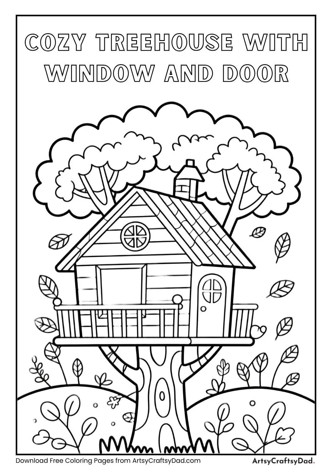 Cozy treehouse with window and door coloring page