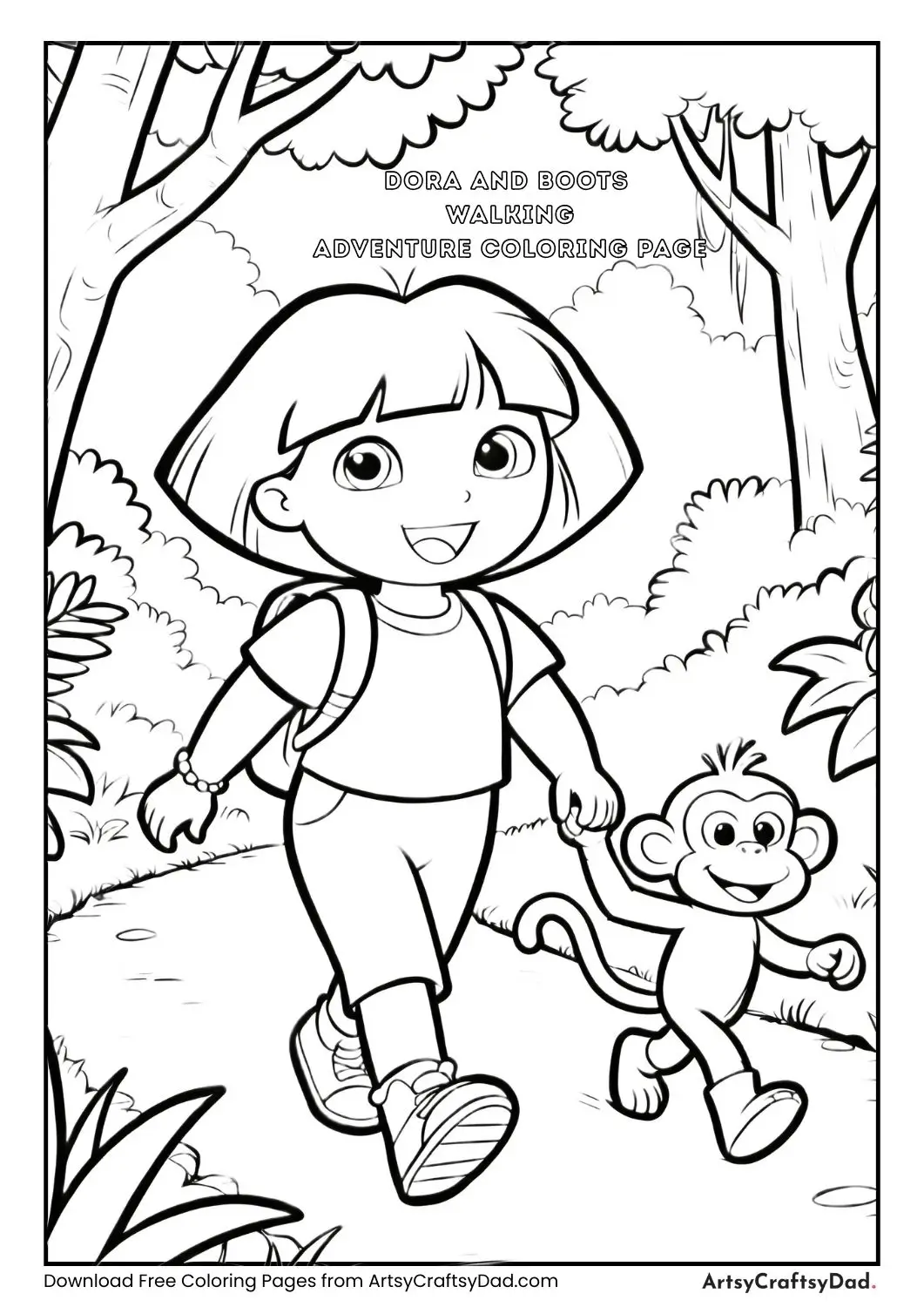 Dora and Boots walking together jungle path black and white coloring page