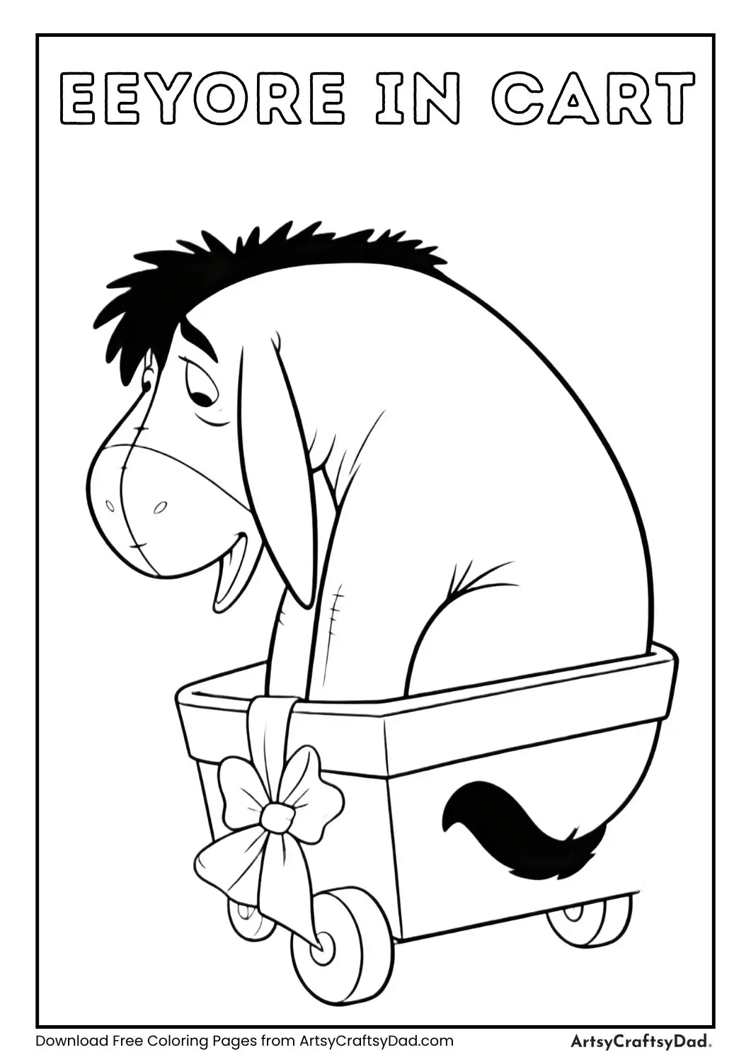 Eeyore sitting in a small cart with a ribbon tied around it