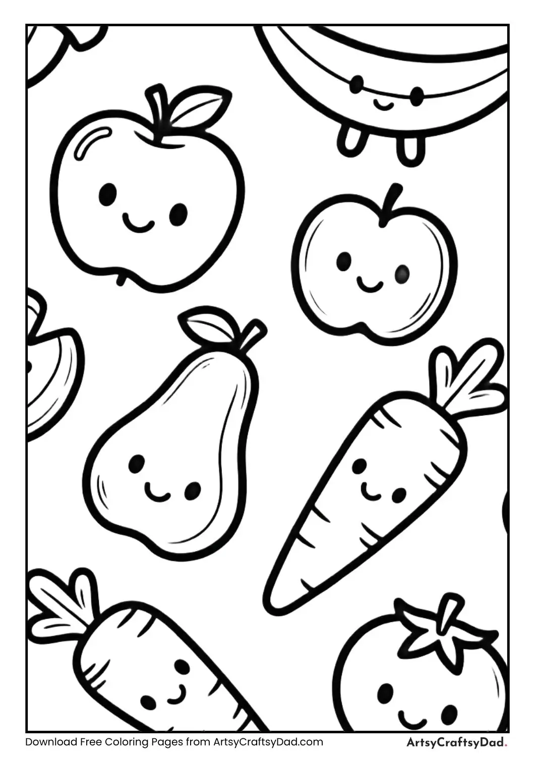 black and white fruits vegetables floating coloring page for kids