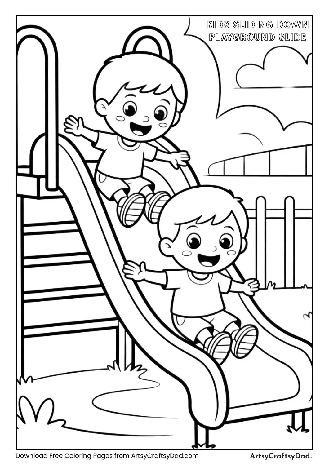 Black and white coloring page of children sliding down a playground slide