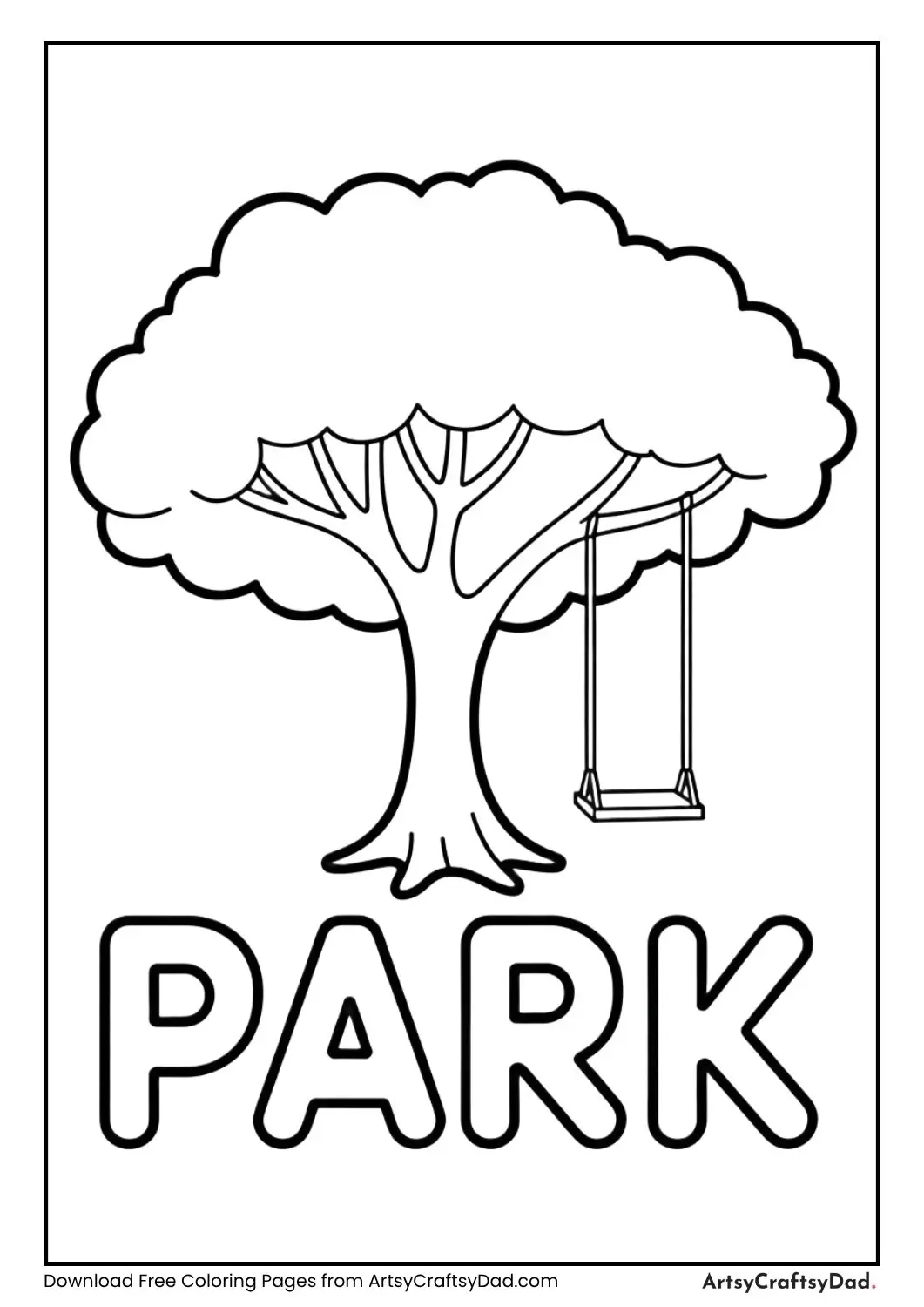 Easy park coloring page with tree and swing for small kids