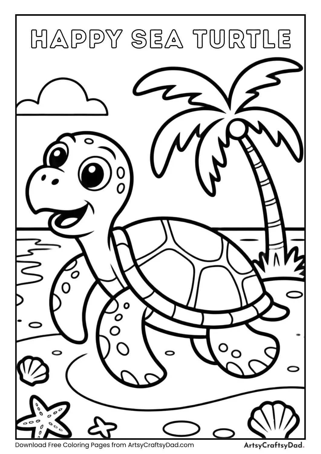 cute sea turtle walking on sandy beach with shells coloring page