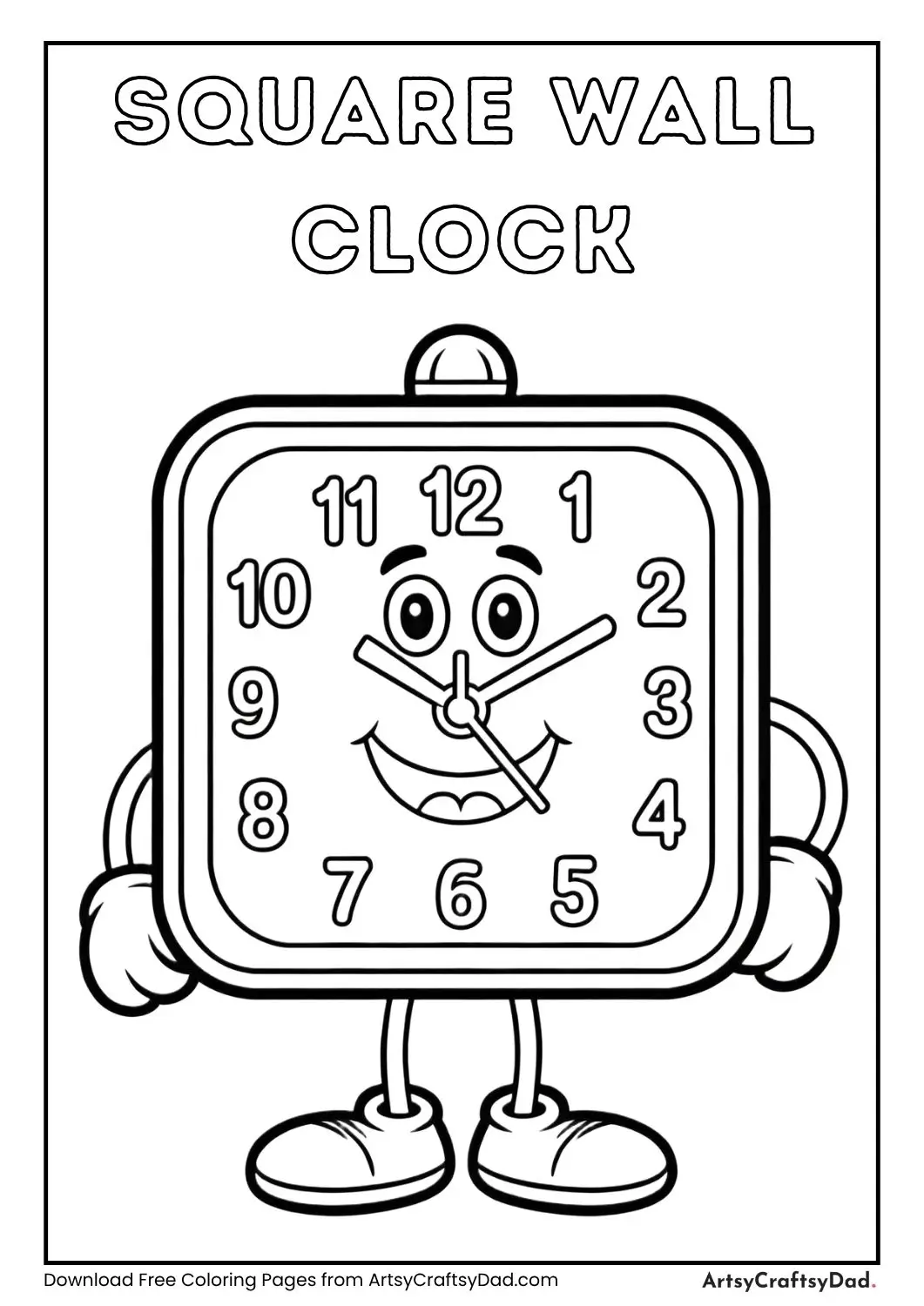 Cartoon-style square wall clock with smiling face and numbers coloring page