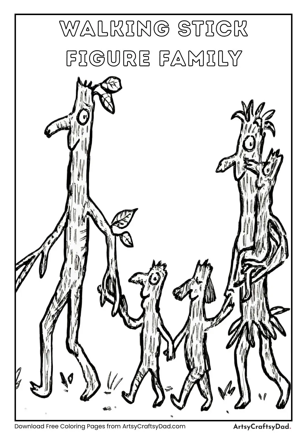 Black and white line drawing of a stick figure family walking together outdoors with grass and leaves.