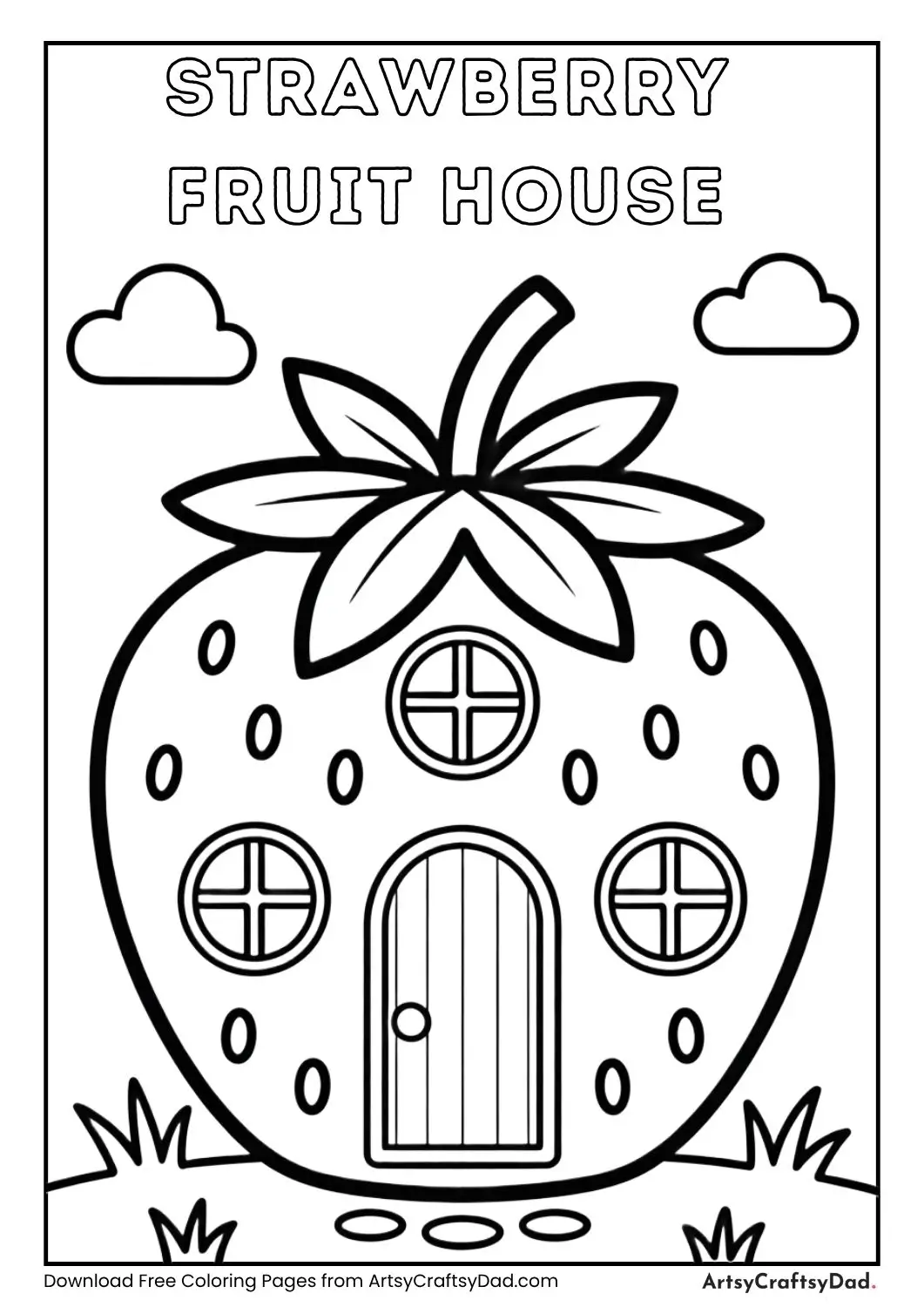 Simple strawberry shaped house black and white coloring page for children
