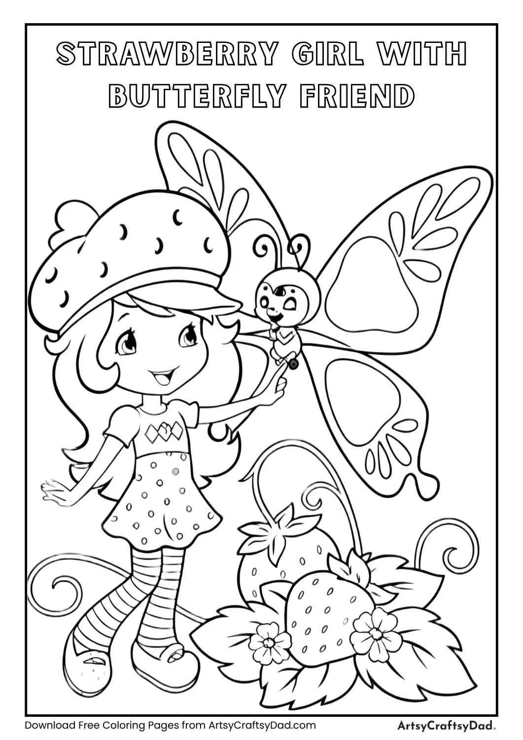 Cartoon girl with strawberry outfit holding ladybug near butterfly