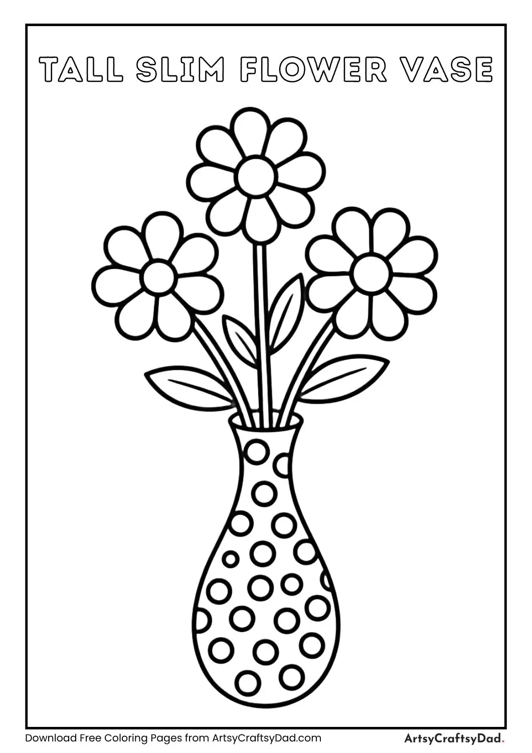 Tall slim flower vase coloring page with simple flowers and bold outlines