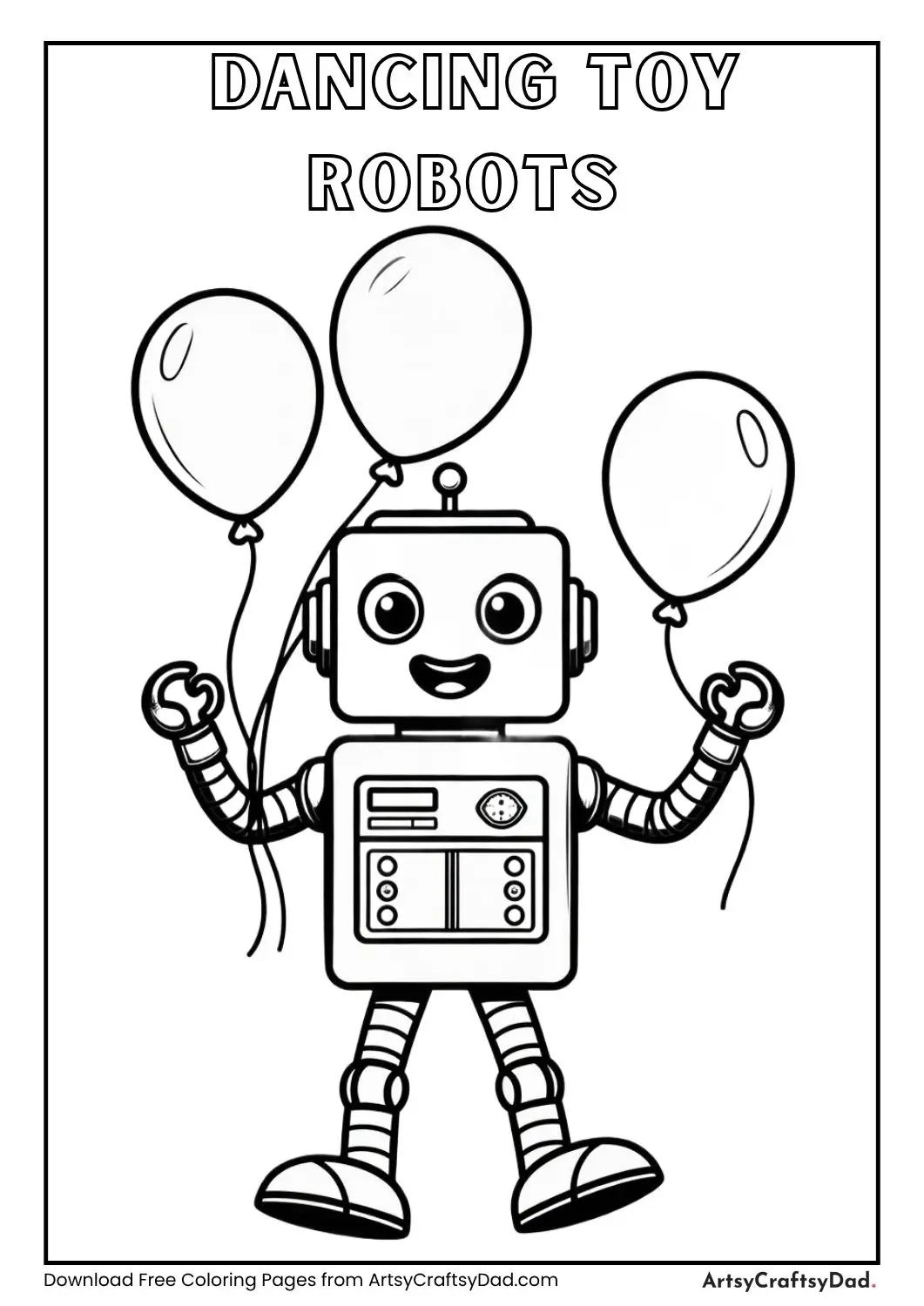 Toy robots dancing with balloons coloring page