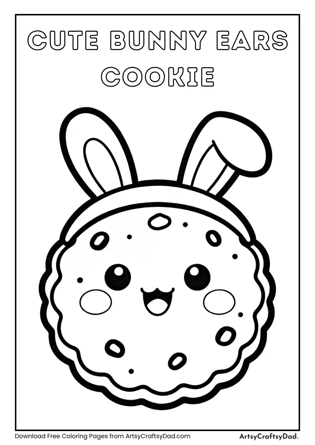 Cookie wearing bunny ear headband with happy face, simple black and white coloring page.