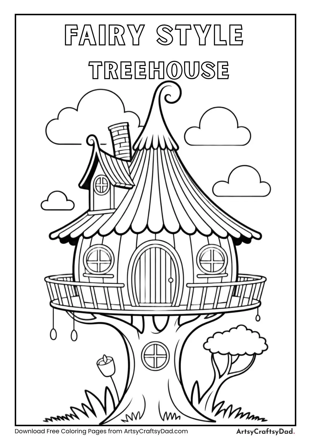 Fairy style treehouse with curved windows coloring page