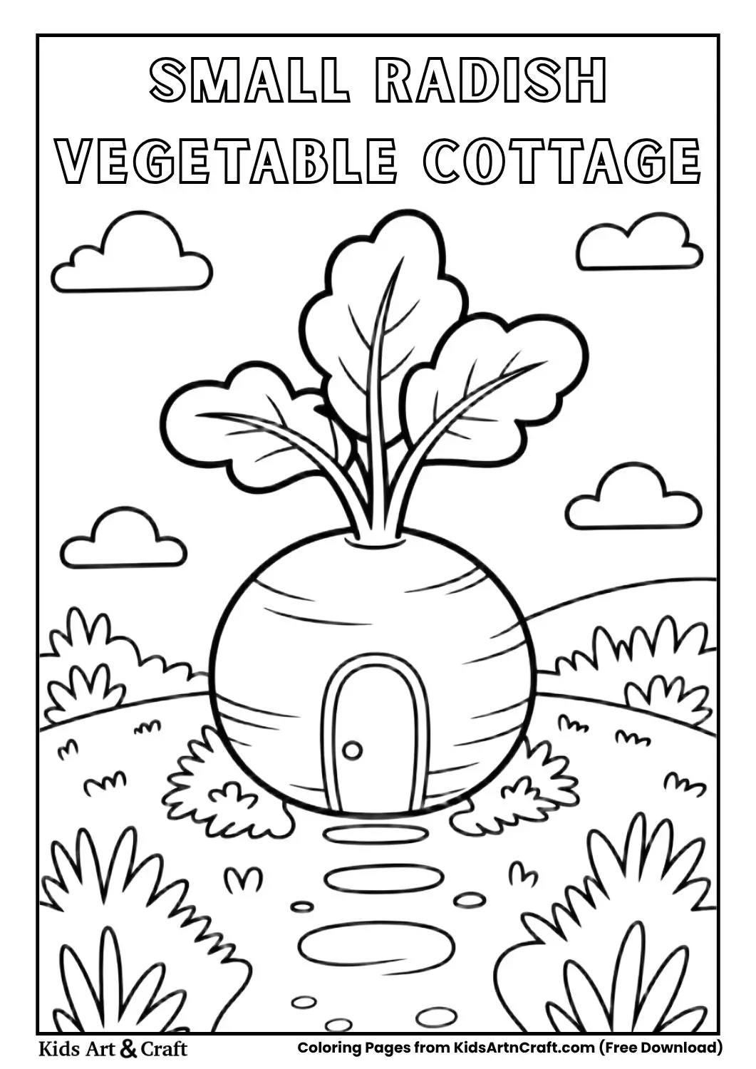 Simple radish cottage black and white coloring page with easy outlines for kids