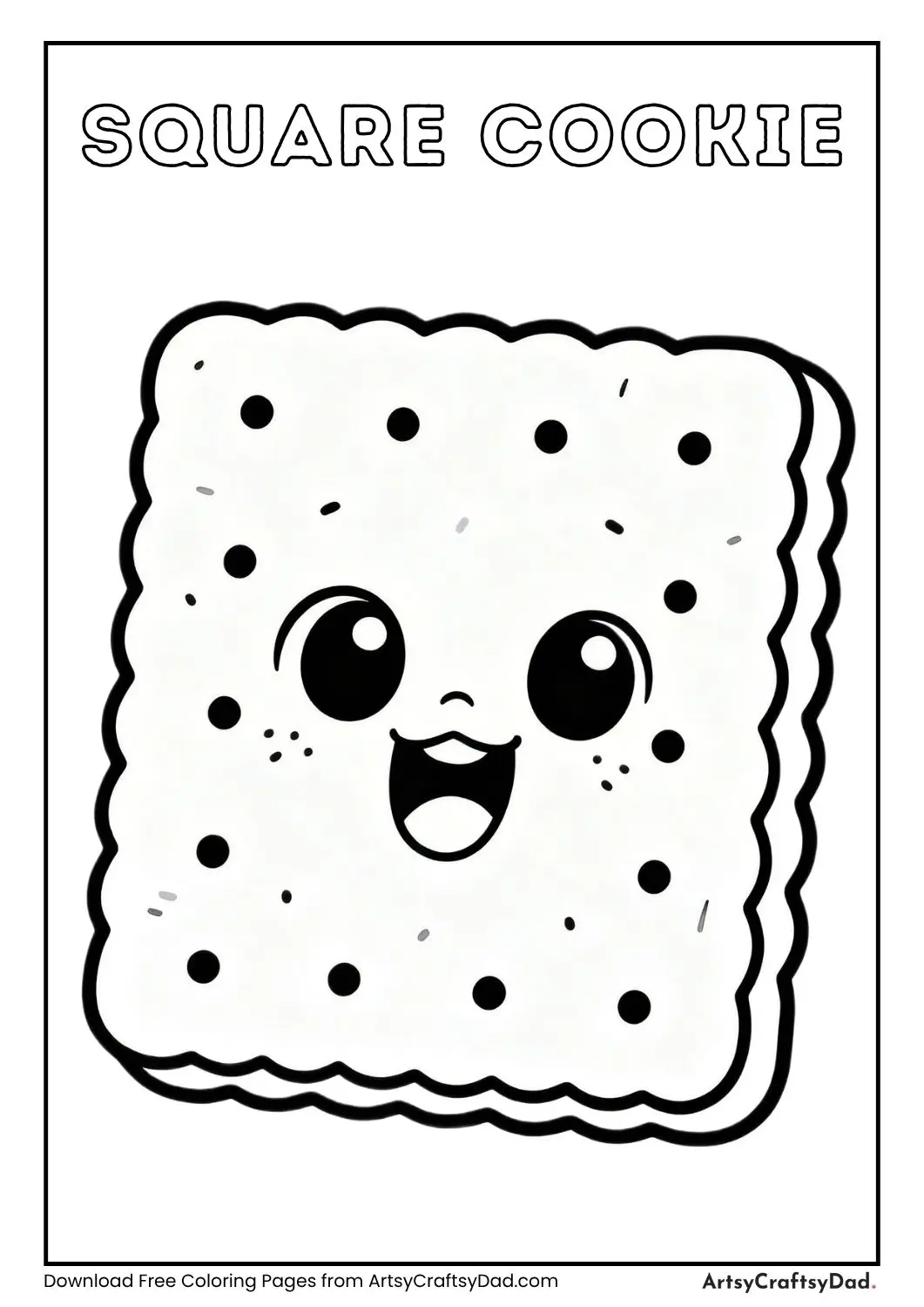 Square biscuit with small dots and cute cartoon face coloring page