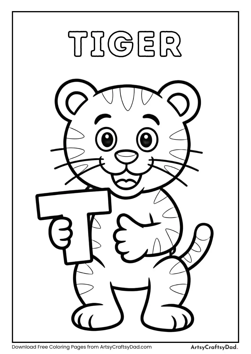 Tiger holding letter T coloring page 