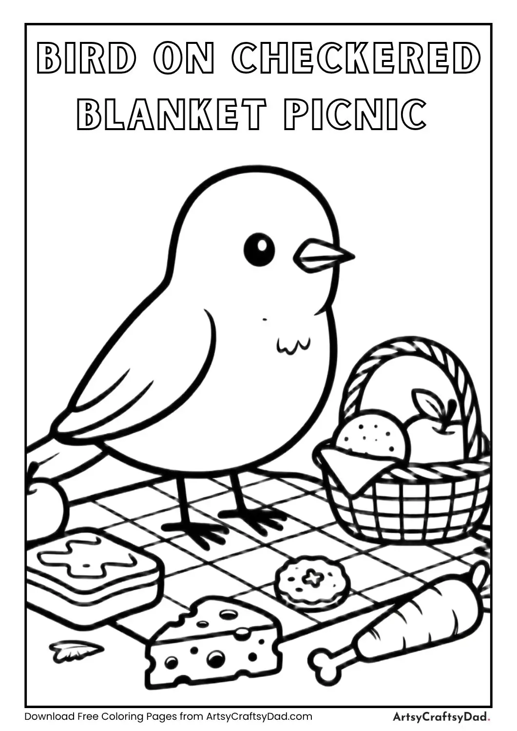 Bird sitting on checkered picnic blanket with snacks coloring page