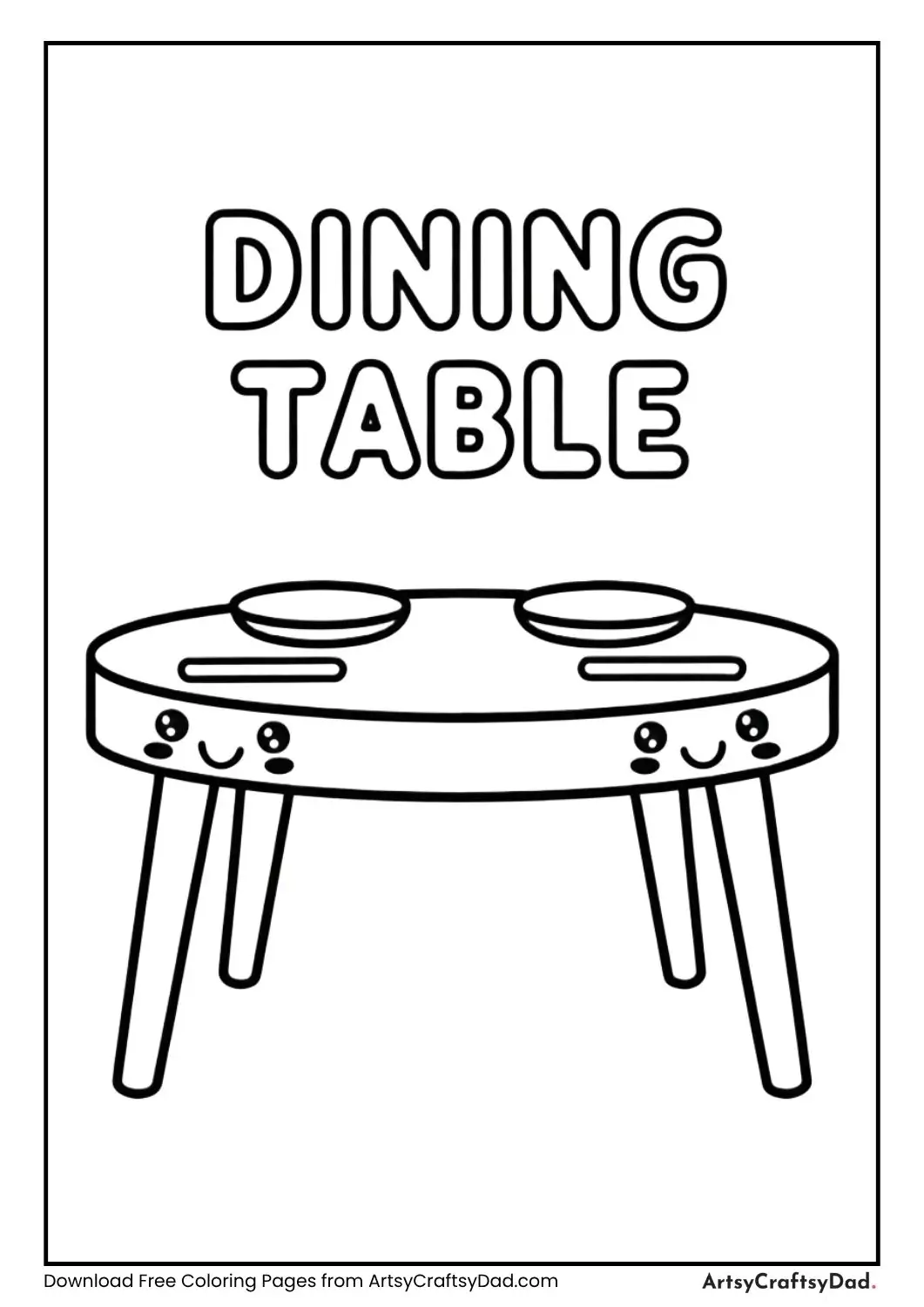Cute kawaii dining table black and white coloring page with label DINING TABLE