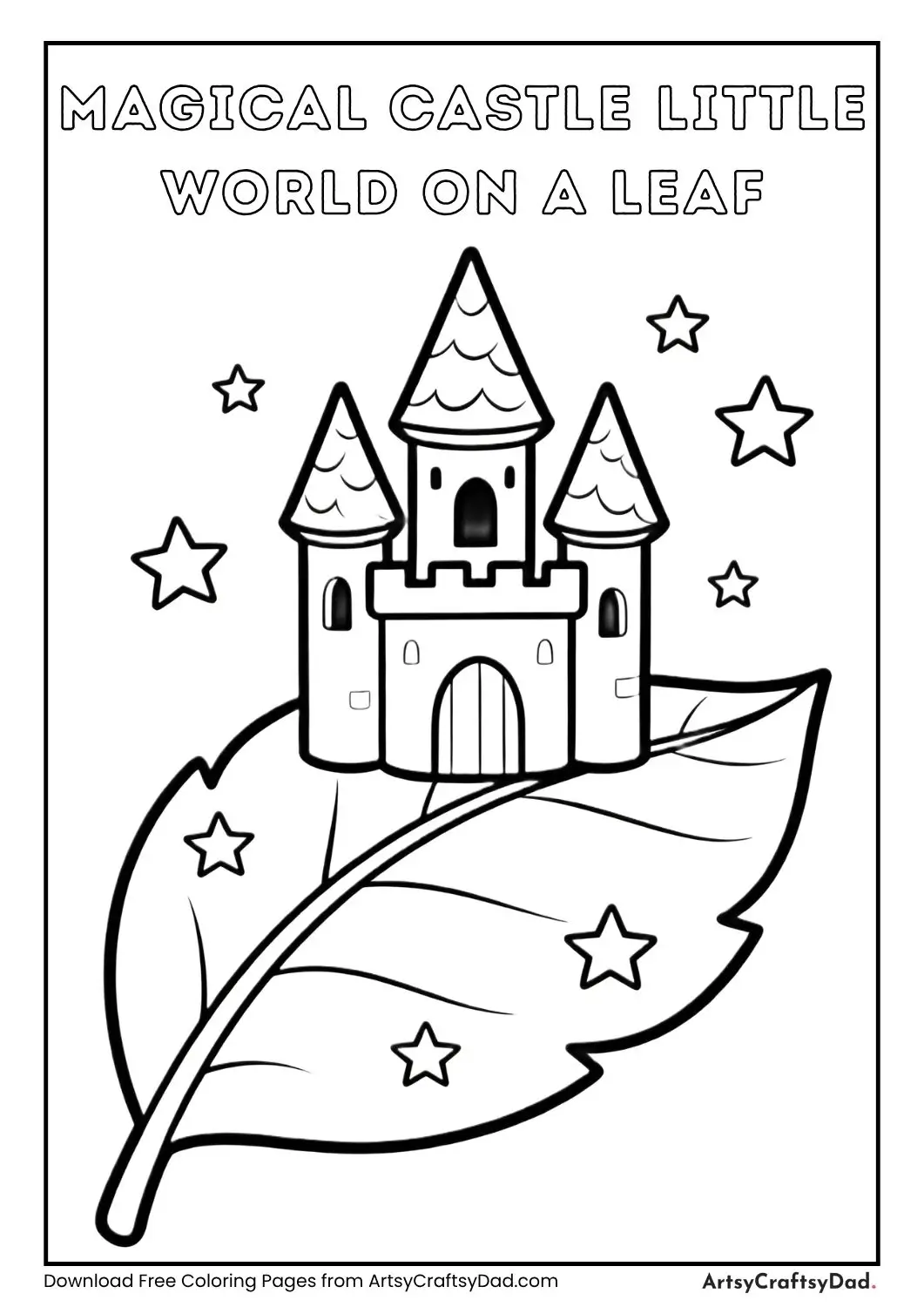 Tiny magical castle on a big leaf simple black and white coloring page for kids