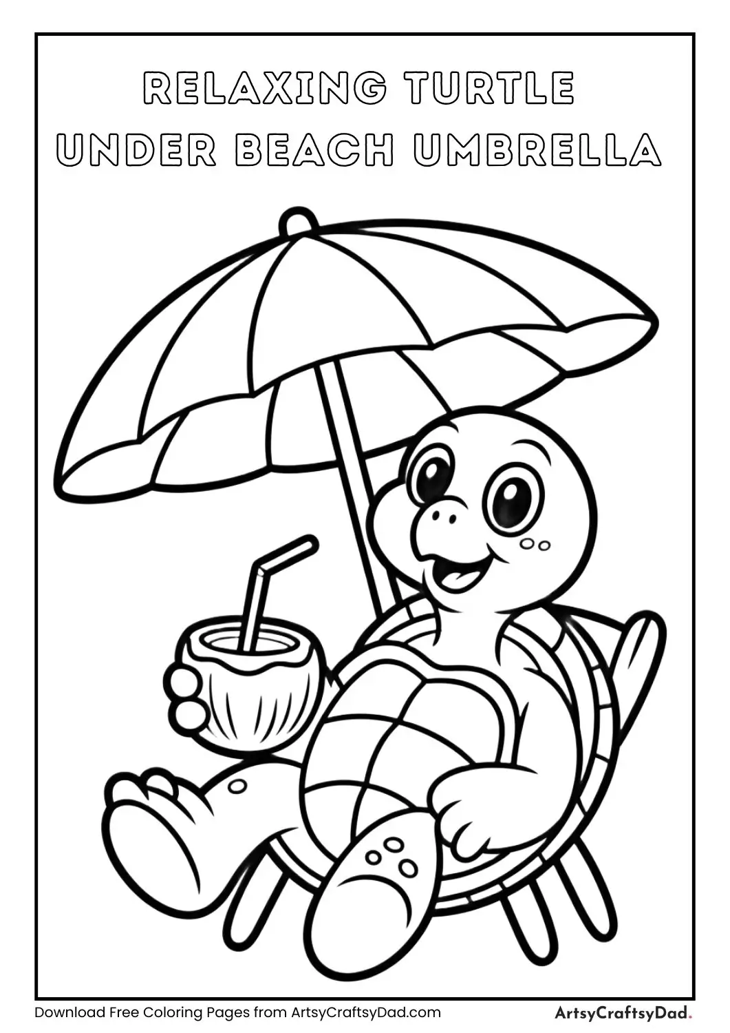 cartoon turtle relaxing under beach umbrella coloring page