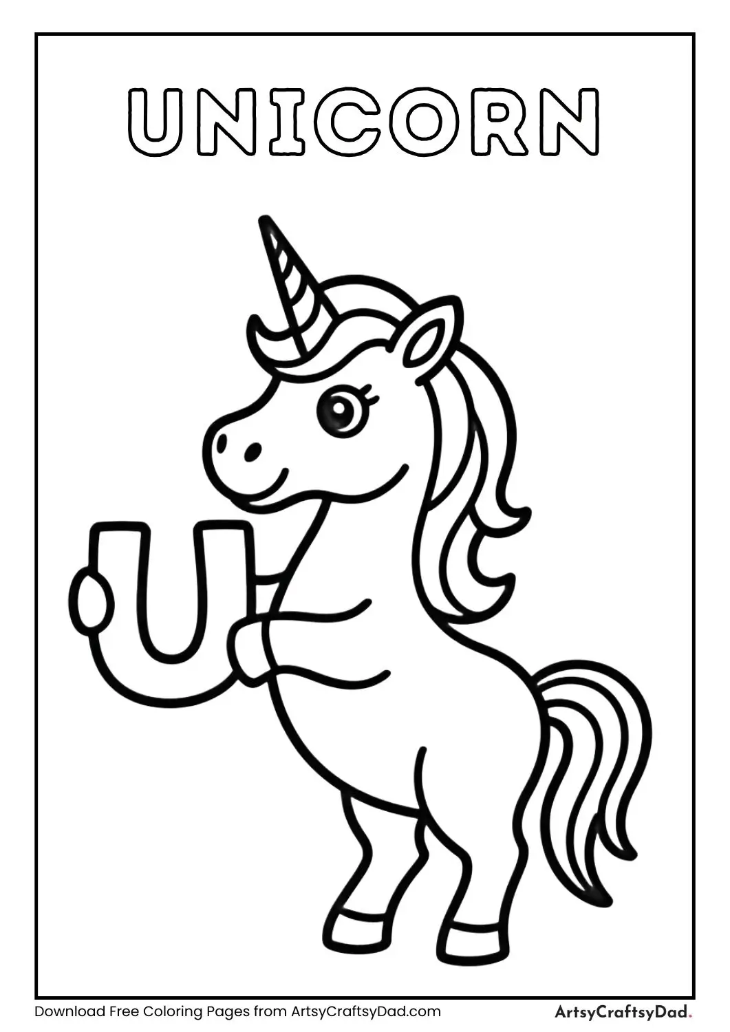 Unicorn holding letter U coloring page
