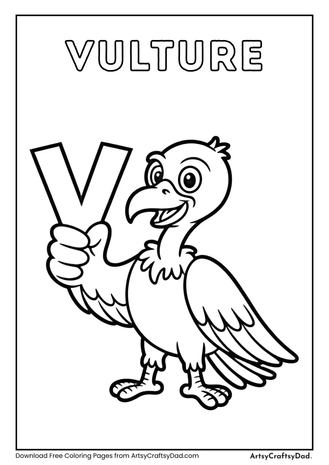 Vulture holding letter V coloring page
