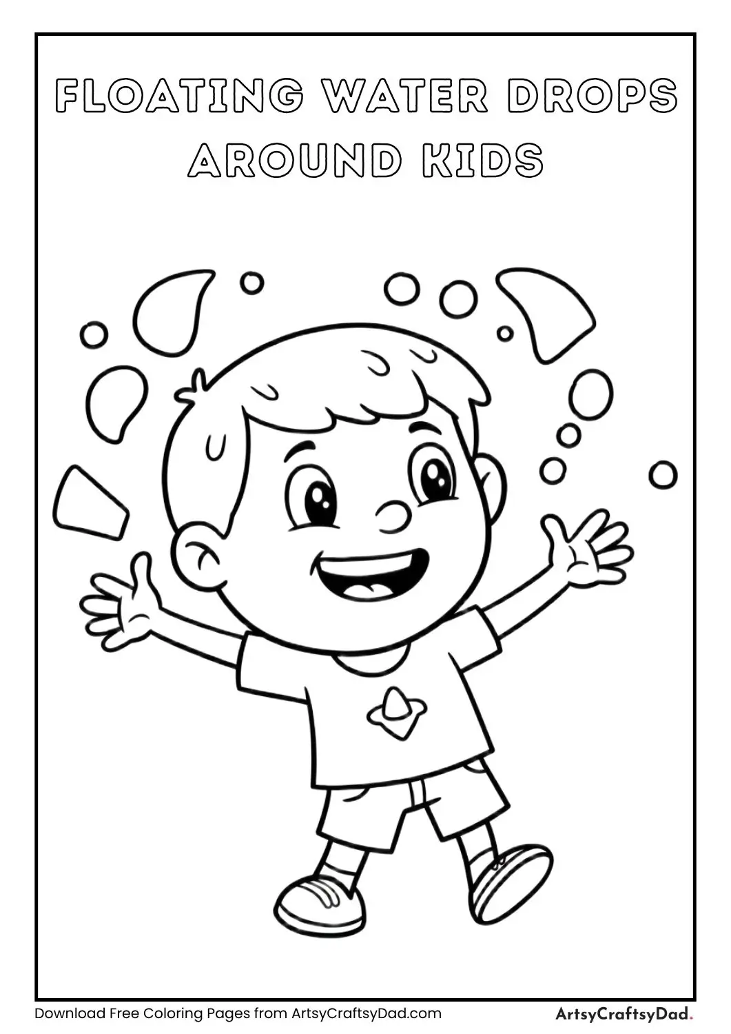 Kids surrounded by floating water drops in different shapes