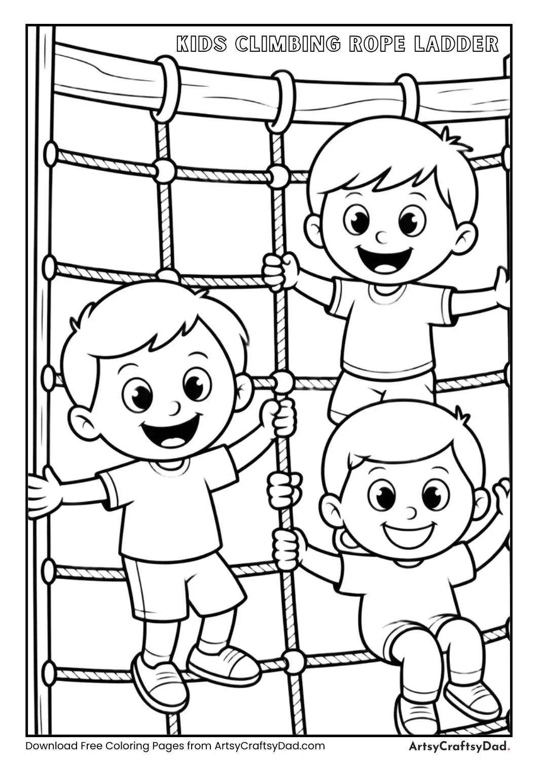 Black and white coloring page of kids climbing a rope ladder playground structure
